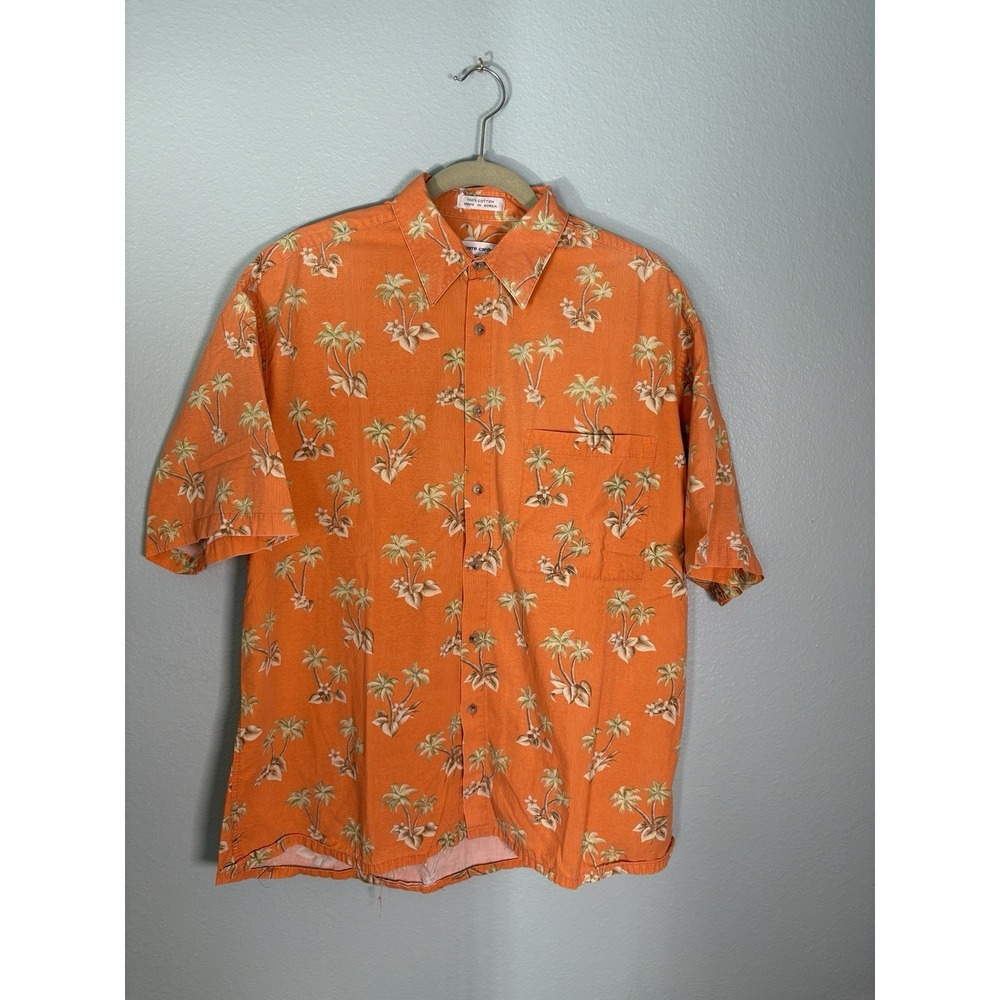 Vintage Pierre Cardin Mens Hawaiian Shirt Orange Tropical Palm Tree Casual L